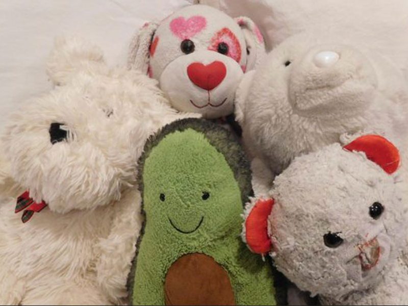 A close-up group of worn and well-loved stuffed animals, including a white dog, a heart-patterned bear, a white polar bear, a green avocado plushie, and a small grey mouse with red ears.