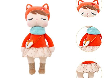 Soft plush doll wearing a red hood with cat ears, blue scarf, and polka-dot skirt, holding a small animal-shaped bag, shown with close-up detail views.