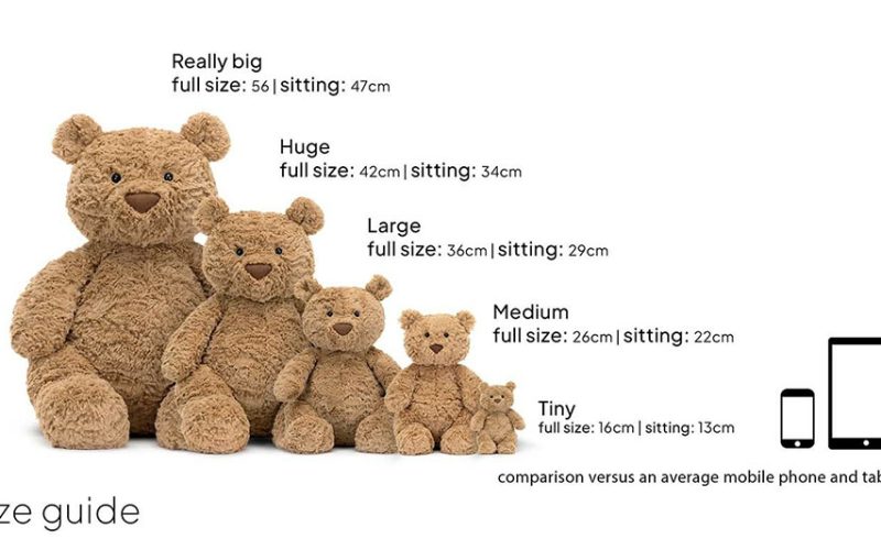 Size comparison chart showing five teddy bears from tiny to really big, with height measurements and scale reference to a phone and tablet.