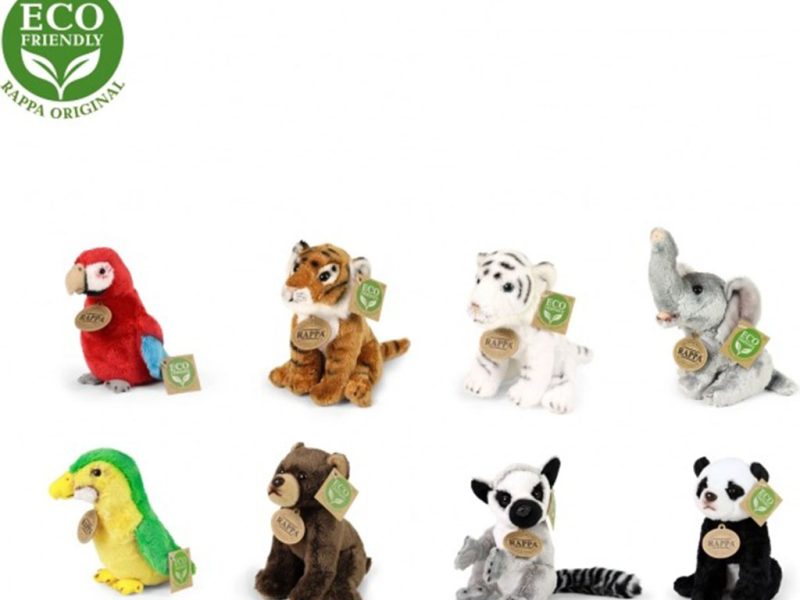 Set of eco-friendly plush animal toys including tiger, panda, elephant, parrot, and lemur, each with a brown tag labeled “Rappa Original.”