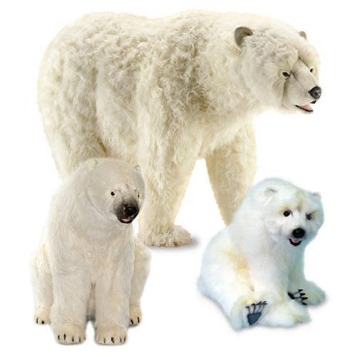 Three white polar bear plush toys in different poses — standing, sitting, and reclining — with lifelike fur and realistic facial details.