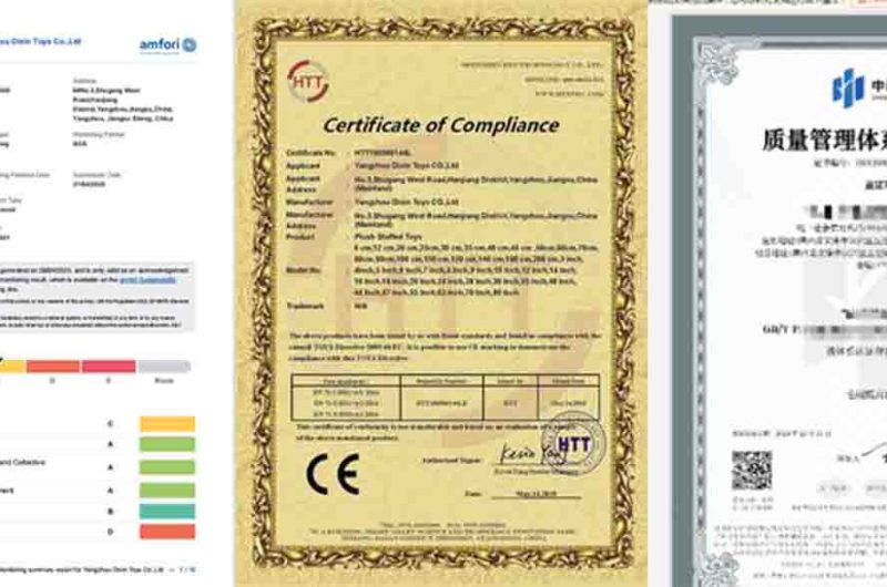 Certificates of compliance and quality management for plush toy manufacturing, including CE and audit reports.